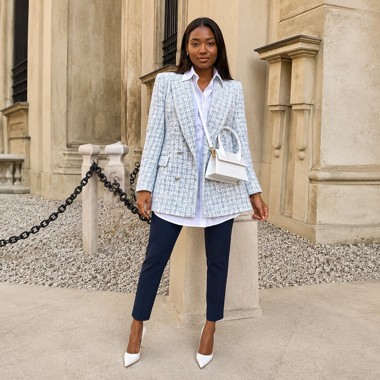 Sky-blue tweed double-breasted blazer, made to measure by TailorMe Woman