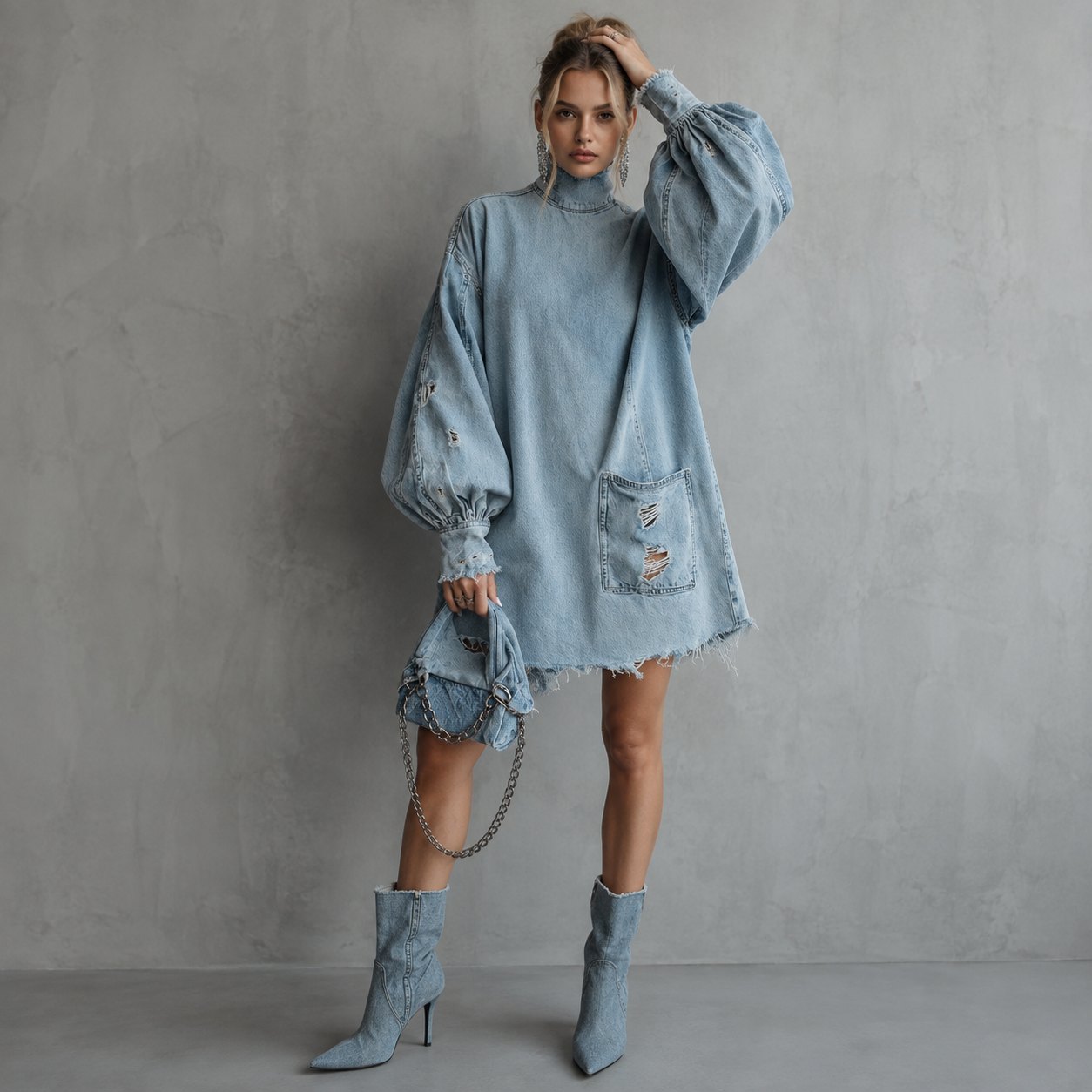 Oversized denim blouse dress with balloon sleeves, made to measure by TailorMe Woman