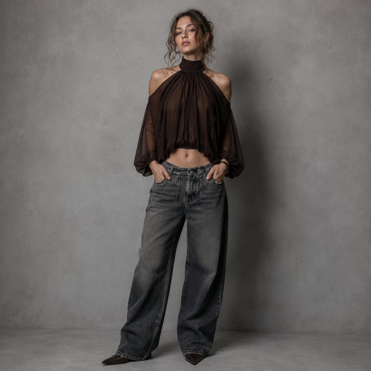 Sheer chocolate halter-neck blouse, made to measure by TailorMe Woman