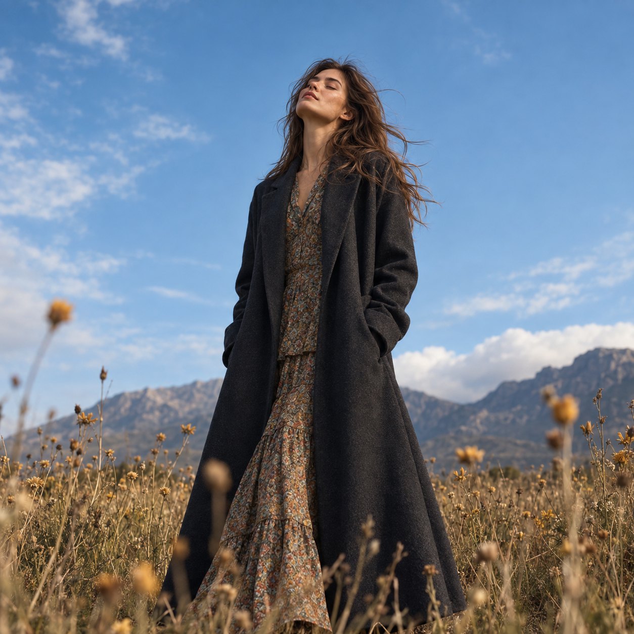 Charcoal wool maxi coat in the mountains, made to measure by TailorMe Woman