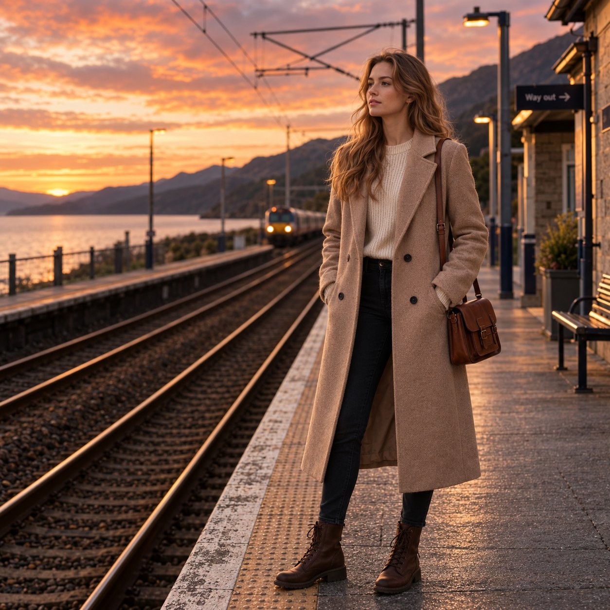 Camel double-breasted wool coat at sunset, made to measure by TailorMe Woman