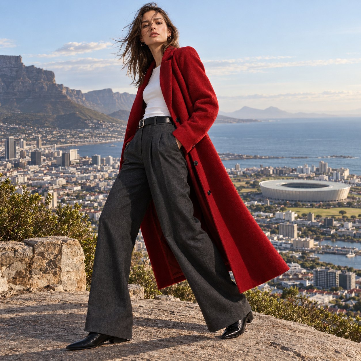 Scarlet wool coat above Cape Town, made to measure by TailorMe Woman
