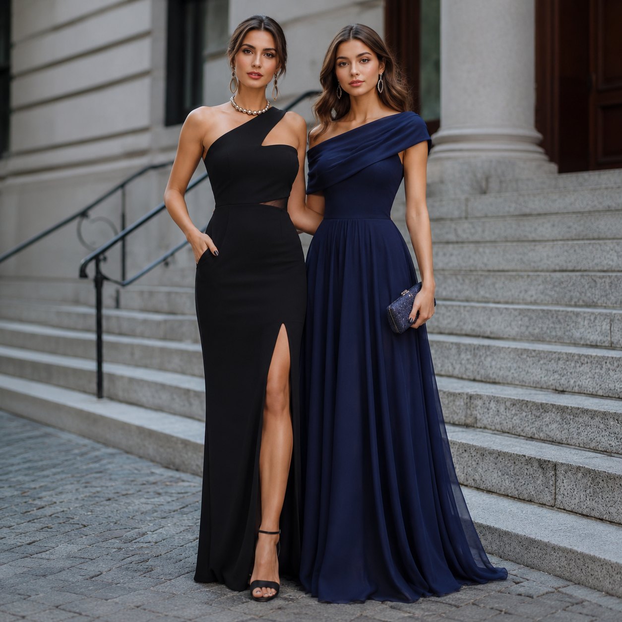 Black and navy one-shoulder evening gowns, made to measure by TailorMe Woman