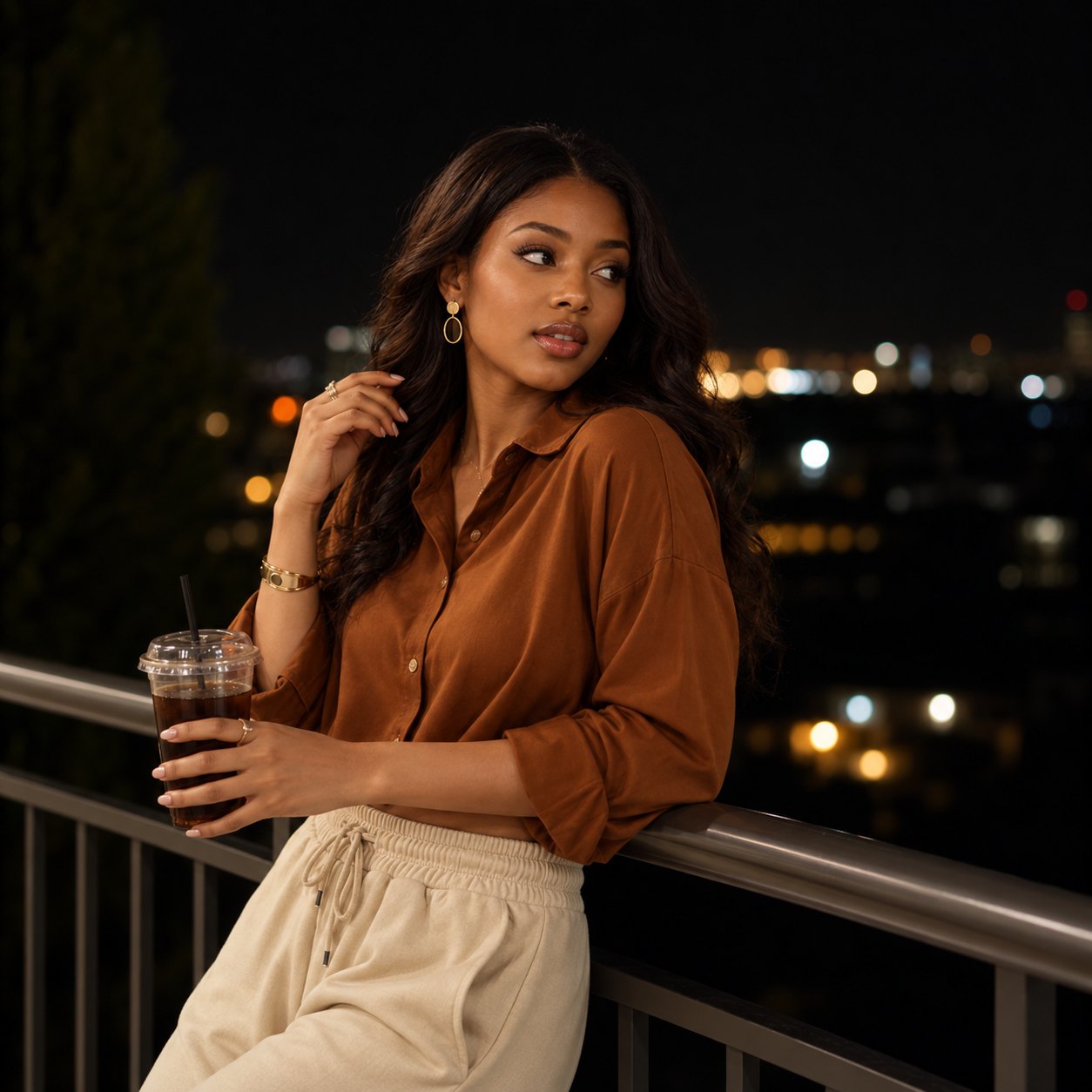 Rust silk shirt on a city balcony at night, made to measure by TailorMe Woman
