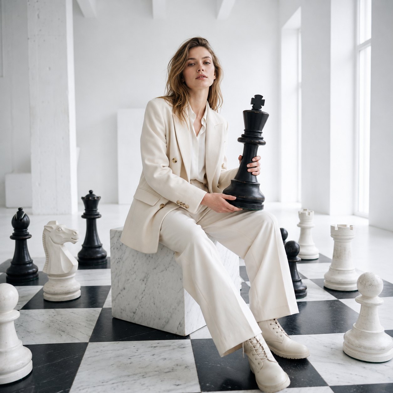 Ivory double-breasted trouser suit, made to measure by TailorMe Woman