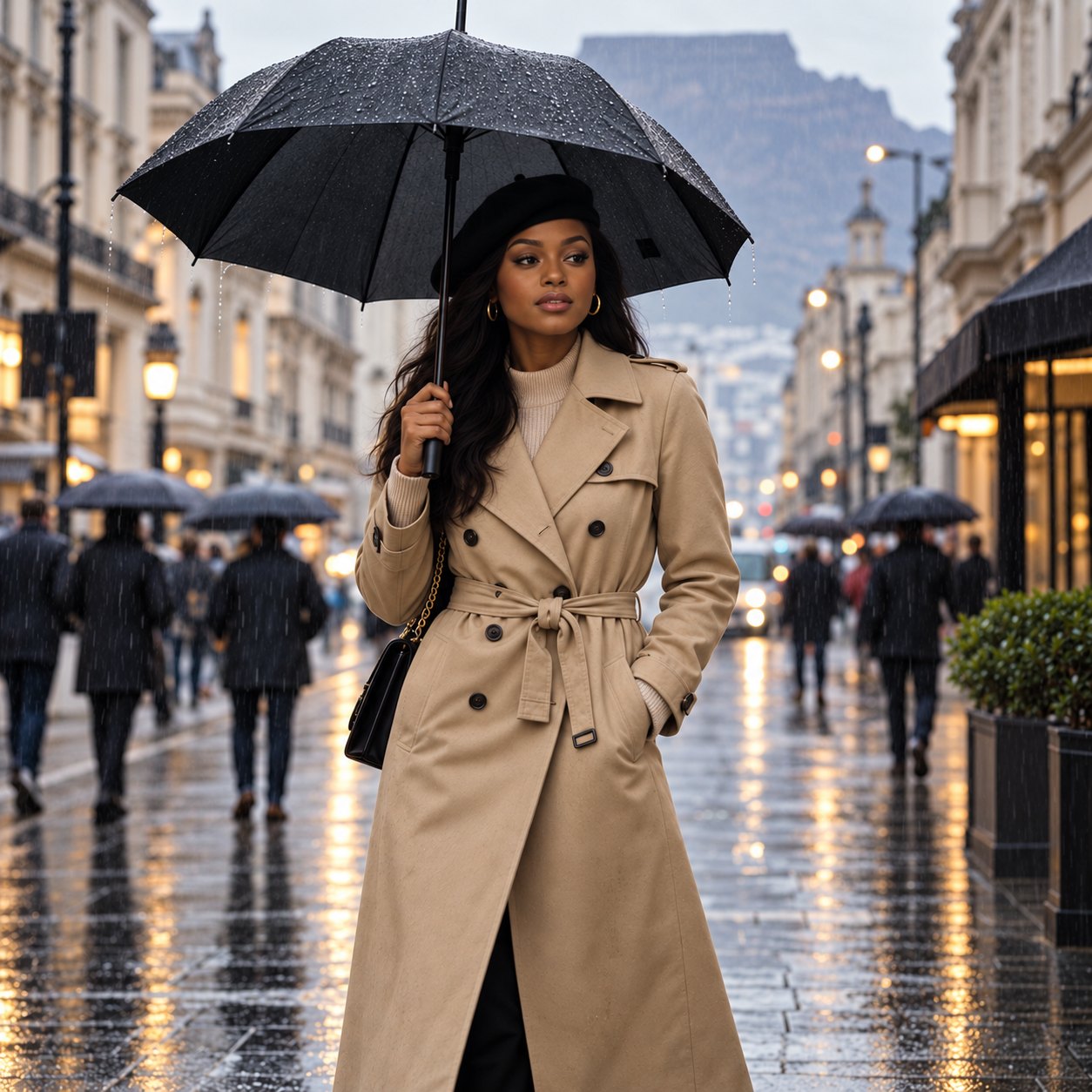 Camel double-breasted trench coat in the rain, Table Mountain behind, made to measure by TailorMe Woman