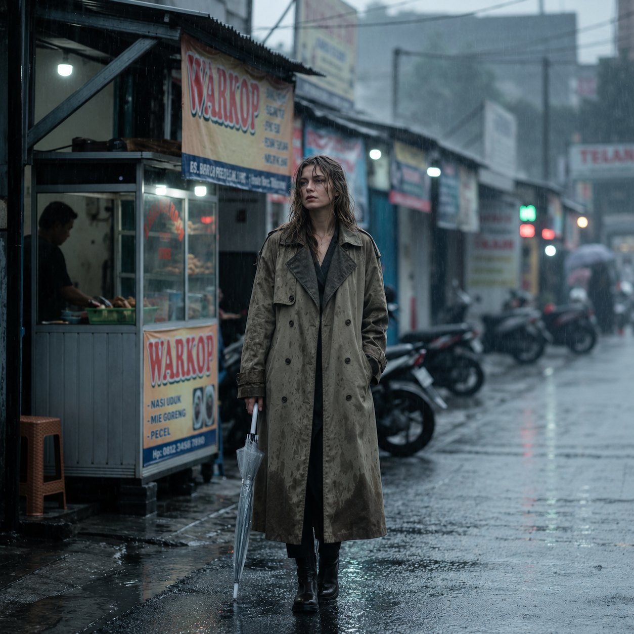 Olive trench coat on a rainy street, made to measure by TailorMe Woman