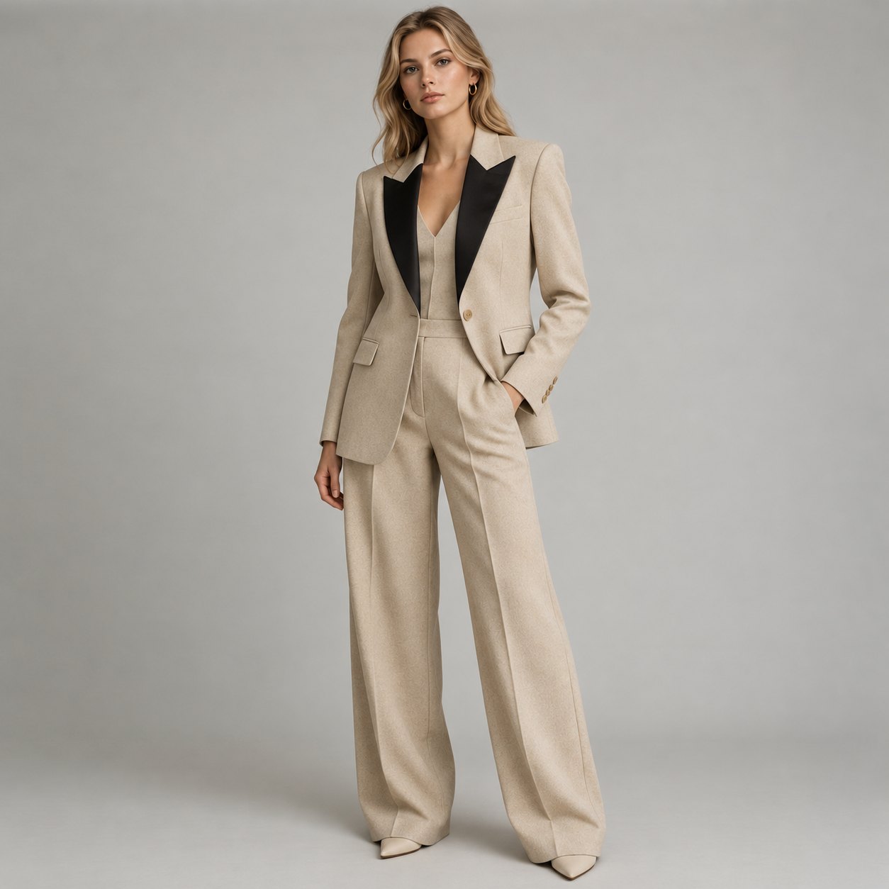 Champagne tuxedo with black satin peak lapel, made to measure by TailorMe Woman