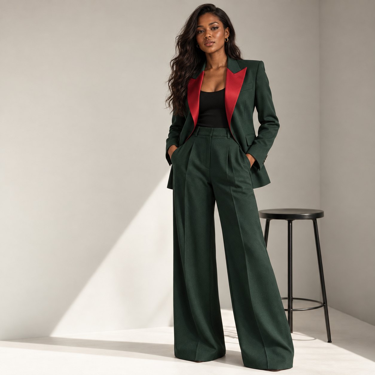 Forest-green tuxedo with red satin peak lapel, made to measure by TailorMe Woman