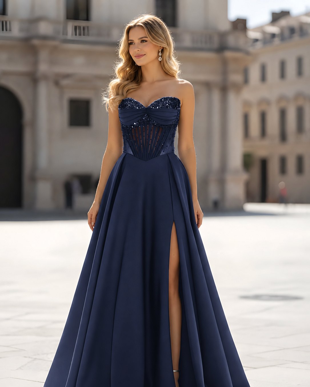 Navy A-line matric gown